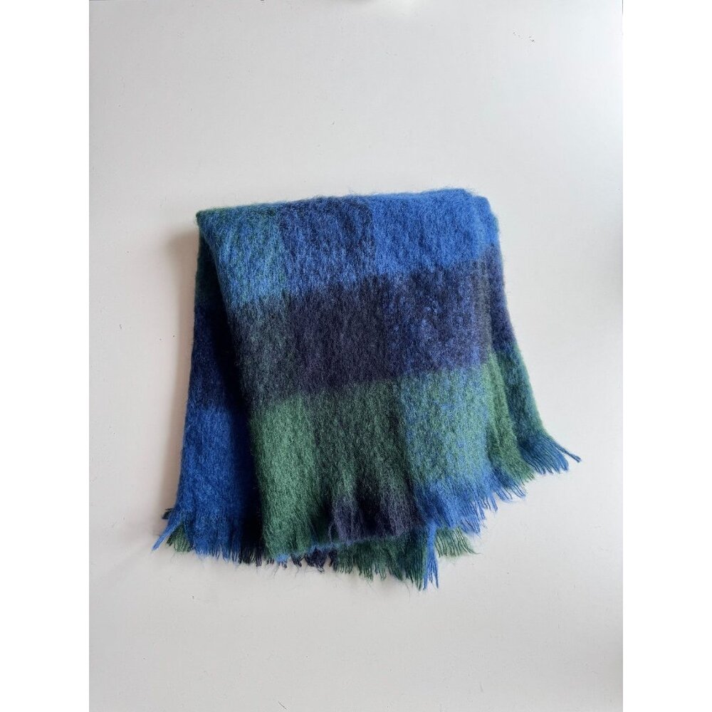 Vintage FOXFORD Blue Green Check Mohair Wool Blend 59"x 38" Throw Blanket